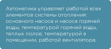 Автоматика управляет работой всех элементов системы отопления: основного насоса и насоса горячей воды, температурой горячей воды, теплых полов, температурой в помещении, работой вентилятора.